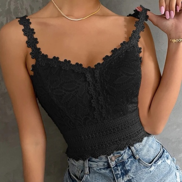 Boho black lace shirred back corset bralette cami top - Picture 4 of 5